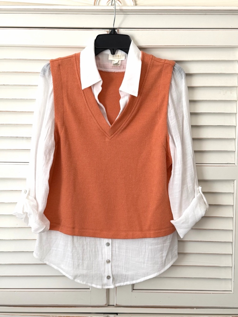 Los Angeles Apparel Orange V-Neck Knit Vest Layered Over White Shirt Medium Lg